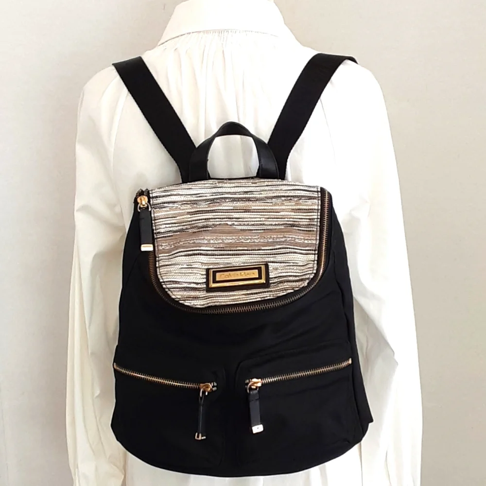 CALVIN KLEIN Gold-Silver Flap Accent Nylon Faux Leather Handbag Backpack